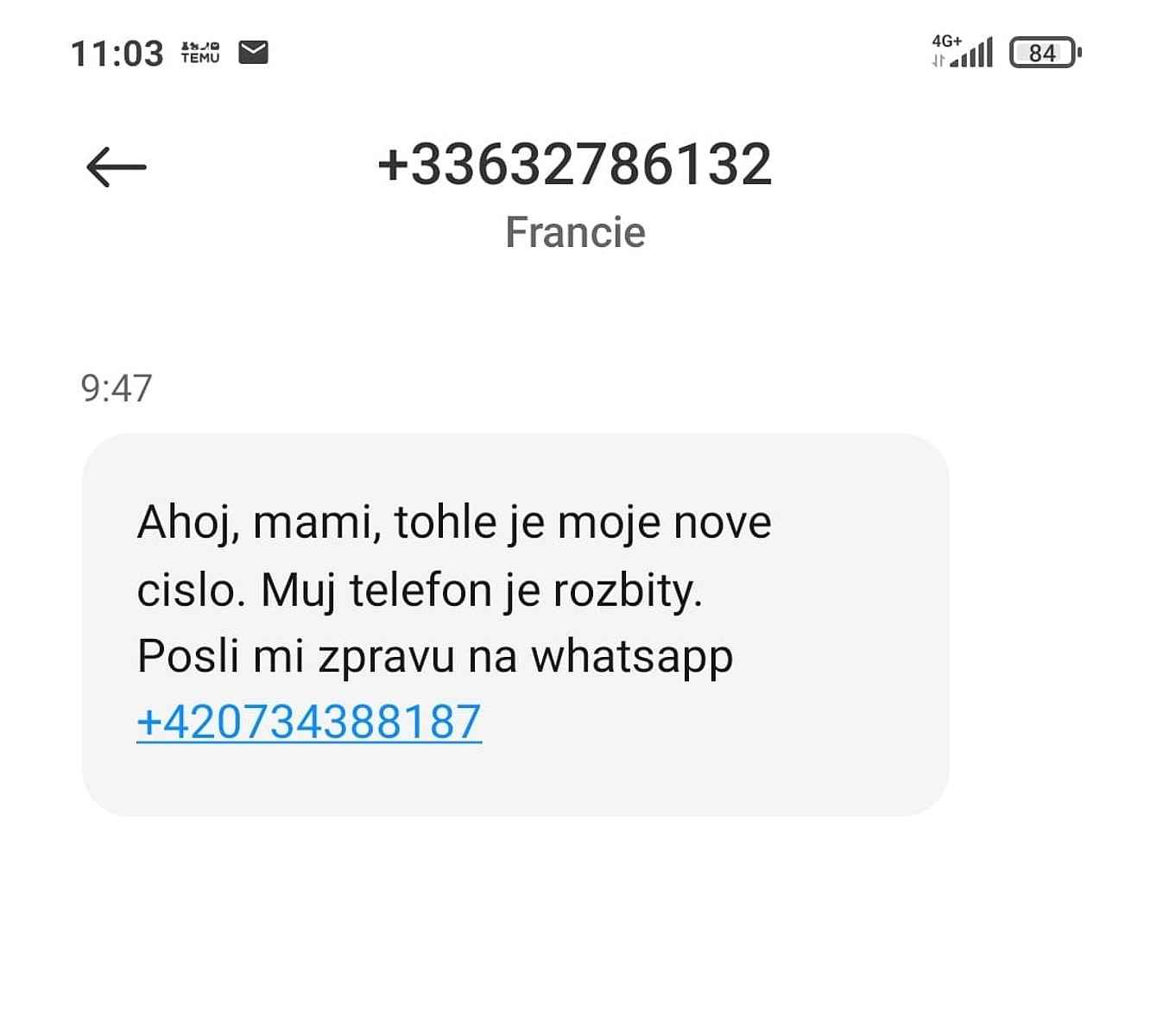 1. SMS ukázka Mami, tohle je moje nové číslo