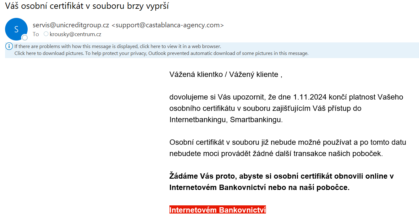 vzorový e-mail Vypršení platnosti certifikátu